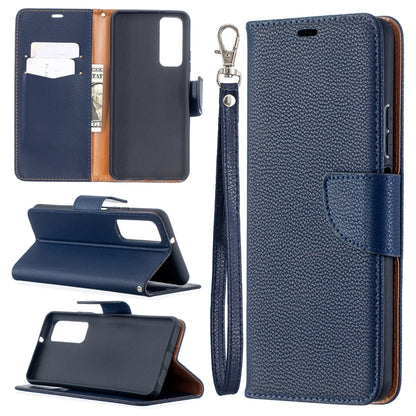 Navy blue litchi-texture phone wallet case with flip cover, card slots, and wrist strap