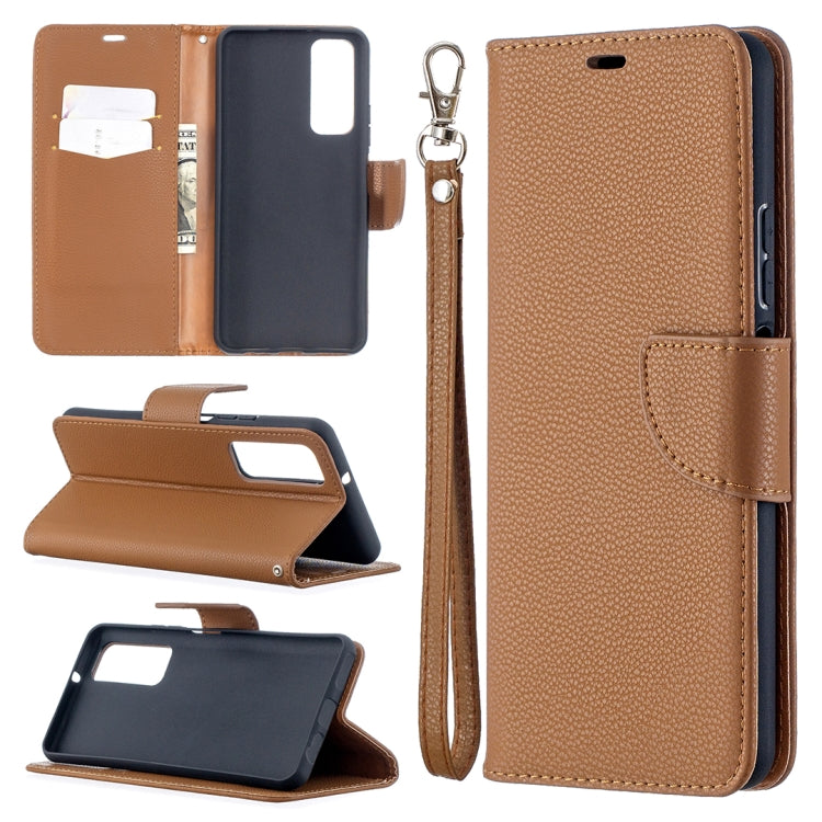 Brown litchi-texture phone wallet case with flip cover, card slots, and wrist strap