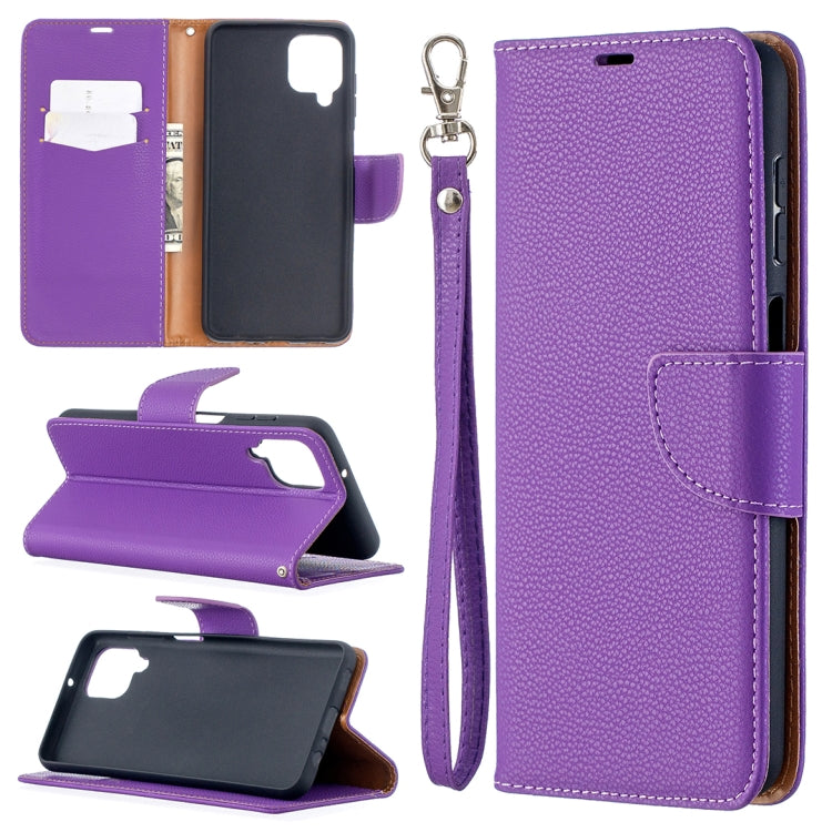 Purple textured flip phone wallet case with card holder and wrist strap