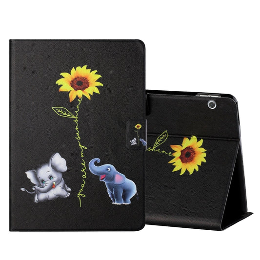 Black flip tablet leather case with sunflower and elephant, open for viewing and access