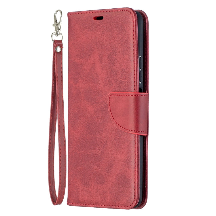 Red leather flip phone case with wrist lanyard strap and card holder pocket on front