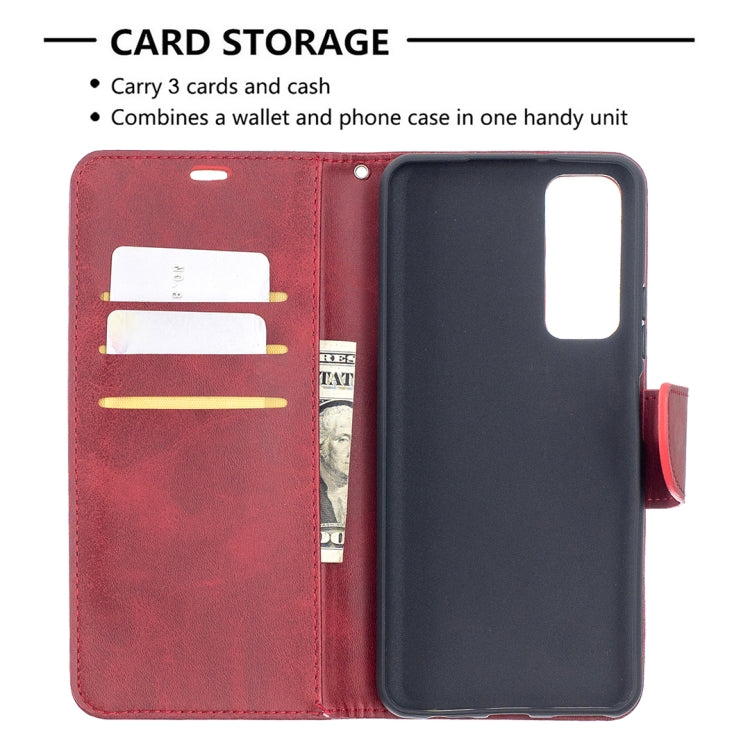 Red leather wallet phone case with card slots and cash pocket, phone facing window