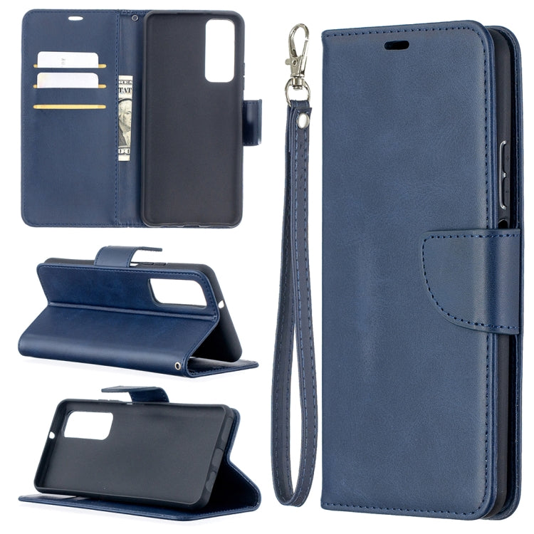 Blue flip leather phone case with card slots and wrist lanyard, stand support.