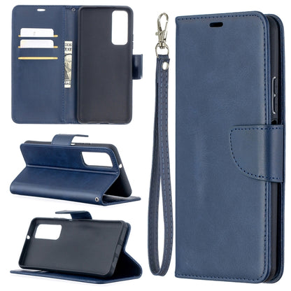 Blue flip leather phone case with card slots and wrist lanyard, stand support.