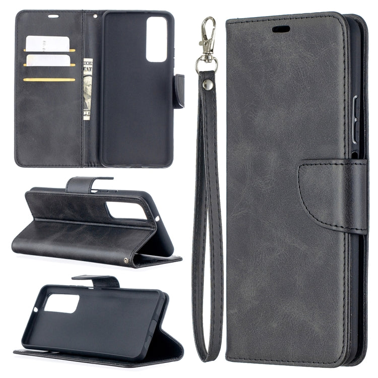 Dark gray flip leather phone case with card slots and wrist lanyard, stand design.