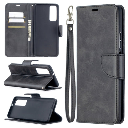 Dark gray flip leather phone case with card slots and wrist lanyard, stand design.