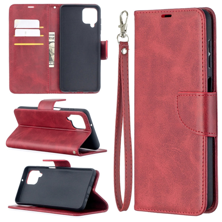 Red leather wallet phone case with flip cover, card slots, and wrist lanyard strap