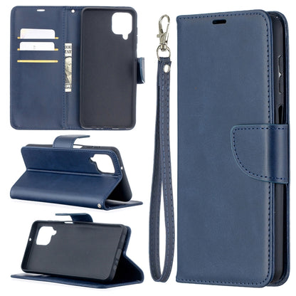 Blue wallet-style flip phone case with card slots, holder, and lanyard strap.