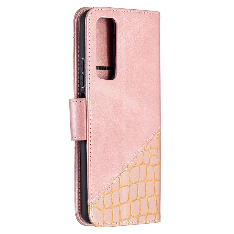 Rose gold PU leather flip case with card slot cutout and crocodile-pattern side panel