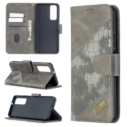 Grey crocodile-texture PU leather flip phone case with wallet and card slots