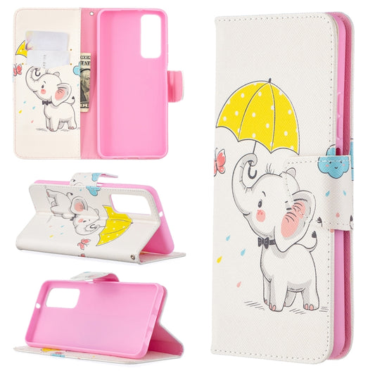 Phone wallet flip case with umbrella elephant pattern, pink inner cover, card slot view