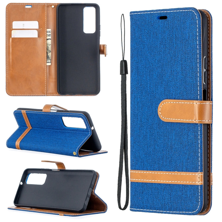 Blue flip leather phone case with card slots, stand holder, and wrist lanyard