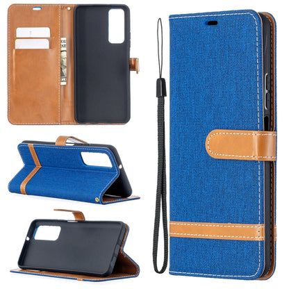 Blue flip leather phone case with card slots, stand holder, and wrist lanyard