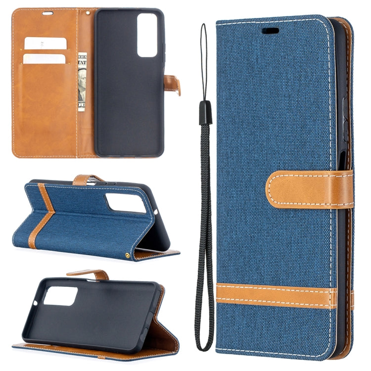 Blue denim-texture phone wallet case with flip cover, card slots, and wrist strap