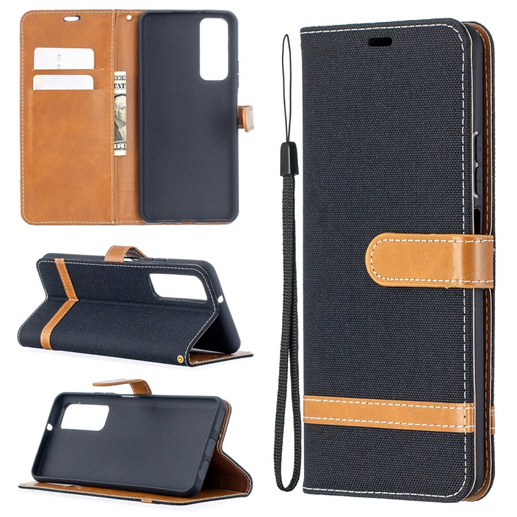 Dark blue denim wallet phone case with leather card holder, flip cover, wrist lanyard
