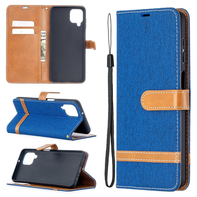 Blue flip leather phone case with card slots and stitched horizontal divider