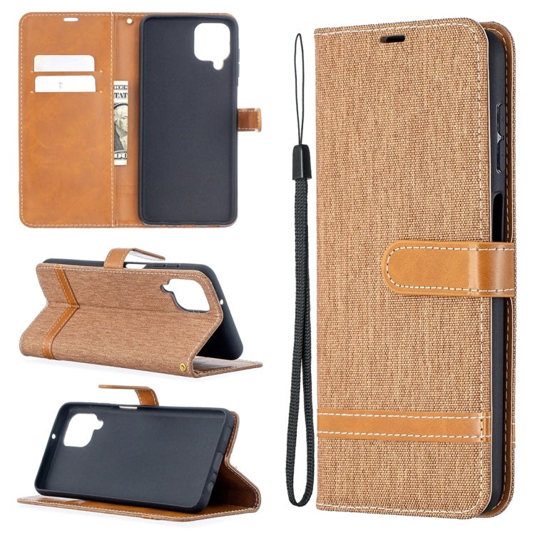 Tan denim-texture phone wallet case with flip cover, card slots, and wrist strap