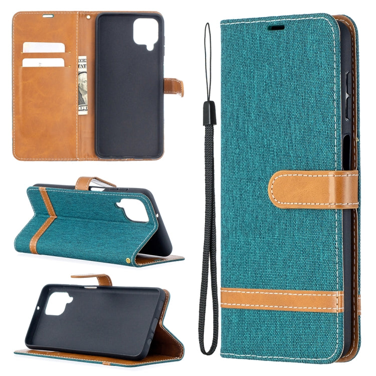 Teal denim-texture phone wallet case with flip cover, card slots, and wrist strap