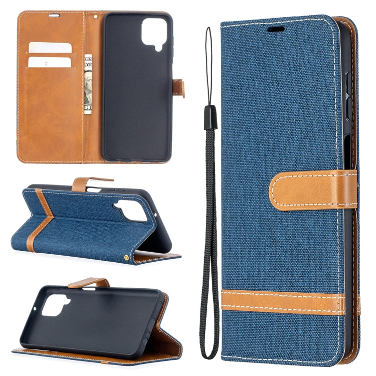 Blue denim-texture phone wallet case with flip cover, card slots, and wrist strap