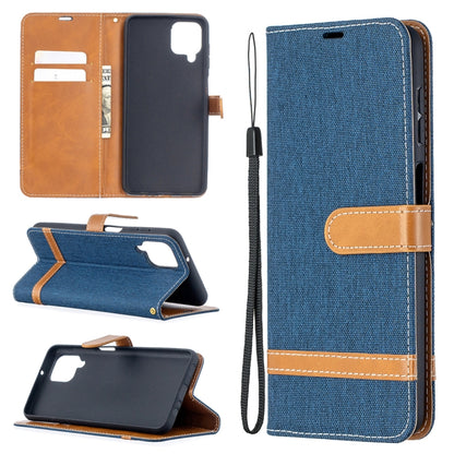 Blue denim-texture phone wallet case with flip cover, card slots, and wrist strap