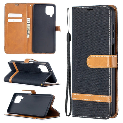 Dark blue denim flip phone case with leather card slots, stand holder, wrist lanyard