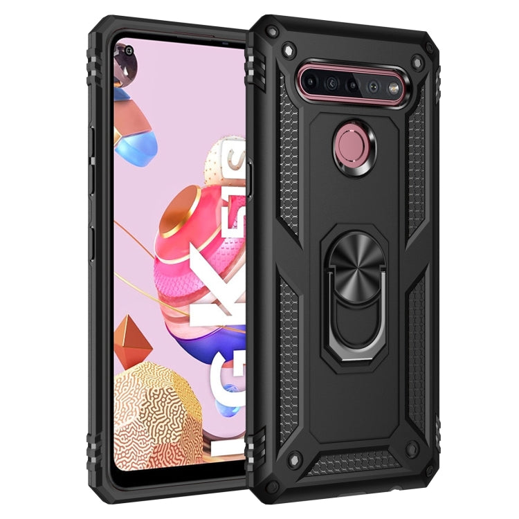 Black shockproof phone case with metal ring kickstand and raised camera bezel