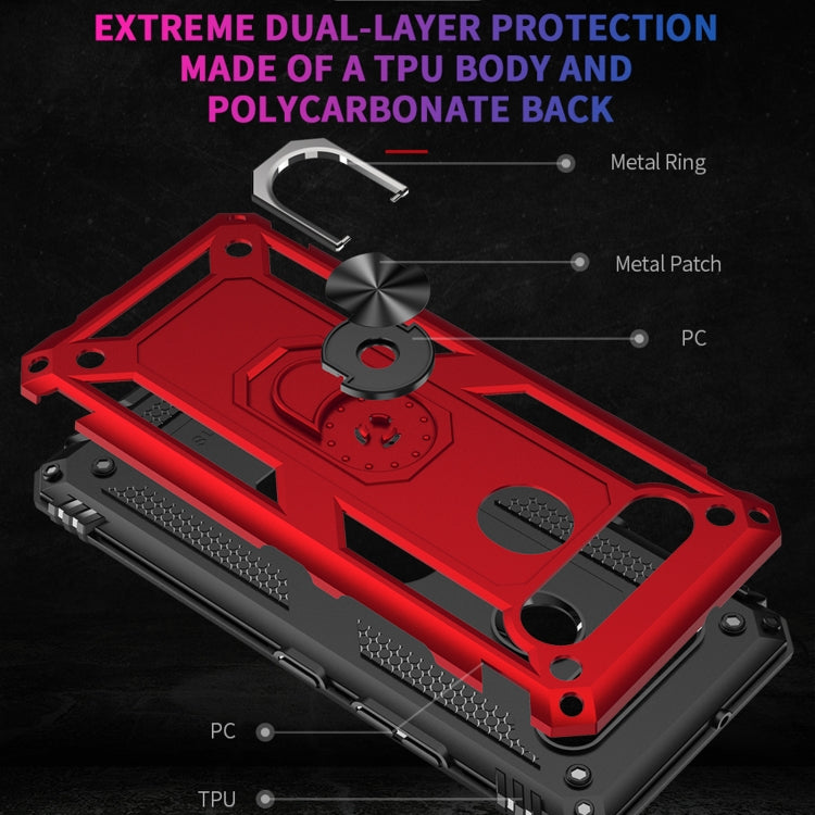 Red rugged shockproof phone case with metal ring kickstand and textured shockproof edges