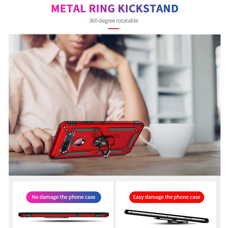 Red shockproof phone case with metal ring kickstand, rotatable for easy viewing