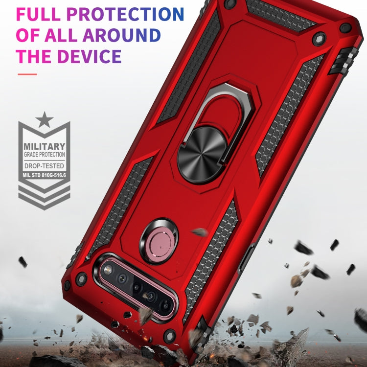 Red rugged shockproof phone case with metal ring kickstand and raised port cutouts