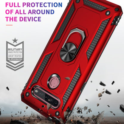 Red rugged shockproof phone case with metal ring kickstand and raised port cutouts