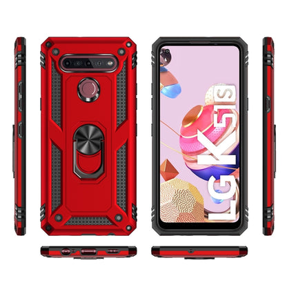 Red shockproof phone case shown front and back with metal ring kickstand