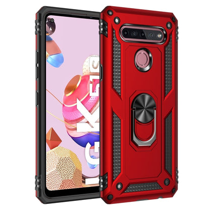 Red shockproof phone case with metal ring kickstand and raised camera bezel