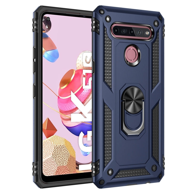 Rugged shockproof phone case in dark blue with rotating holder and dual camera cutouts