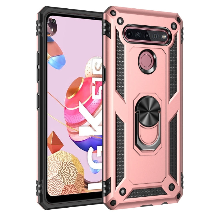 Rugged shockproof phone case in rose pink with rotating holder and camera cutout