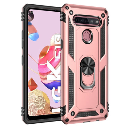 Rugged shockproof phone case in rose pink with rotating holder and camera cutout
