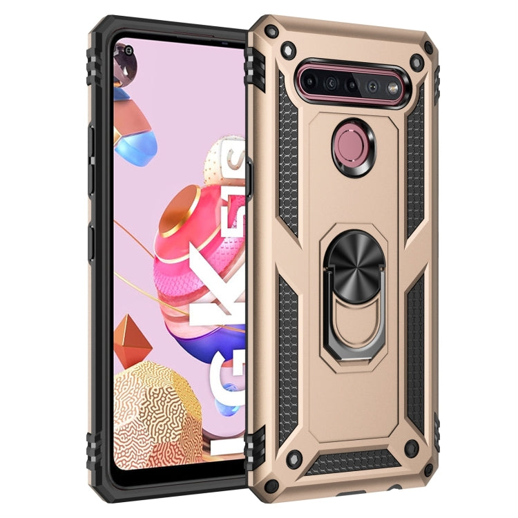 Rugged shockproof phone case in gold with rotating holder and dual camera cutouts