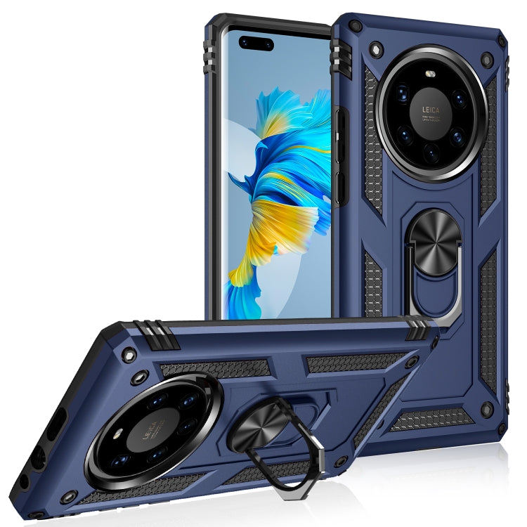 Rugged shockproof phone case in dark blue with ring camera cover and rotating holder