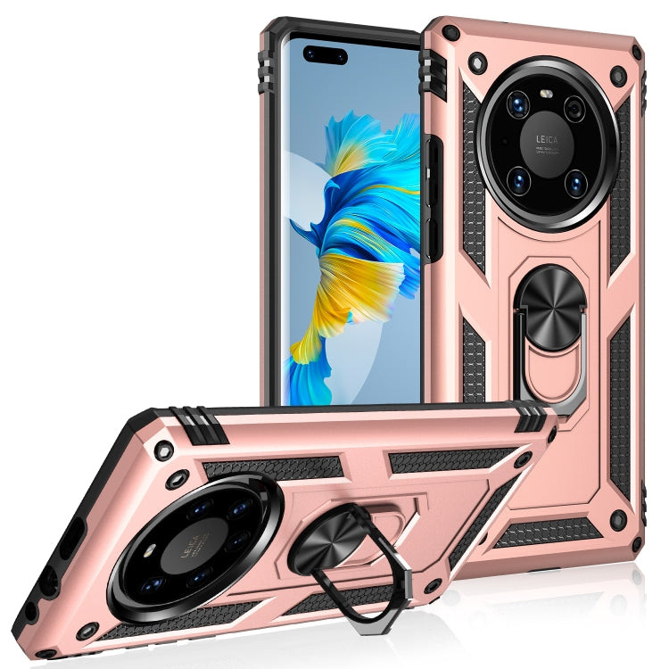 Rugged shockproof phone case in rose pink with ring camera cover and rotating holder