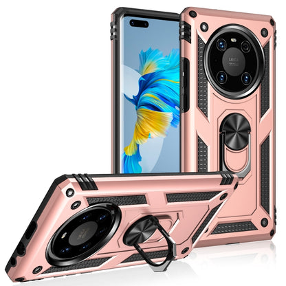 Rugged shockproof phone case in rose pink with ring camera cover and rotating holder