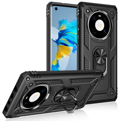 Black shockproof phone case with rotating ring kickstand and raised camera cover