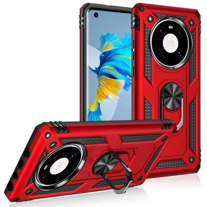 Rugged shockproof phone case in red with rotating kickstand holder and camera cutout