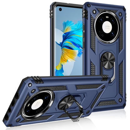 Rugged shockproof phone case in dark blue with rotating holder and protective bumper edges