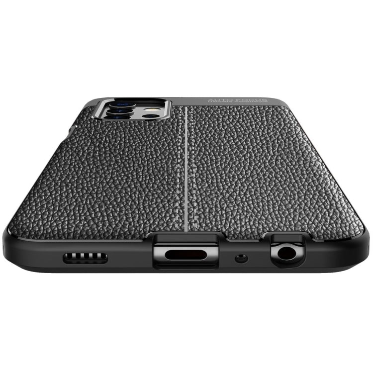 Black litchi-texture TPU phone case with bottom speaker and charging port cutouts