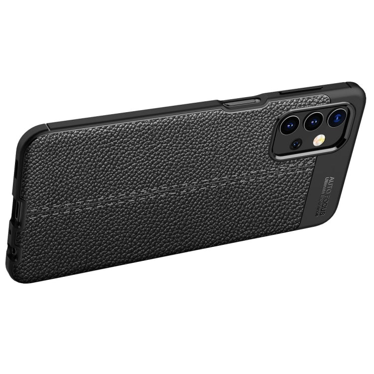 Black litchi-texture TPU shockproof phone case with triple camera cutout and buttons
