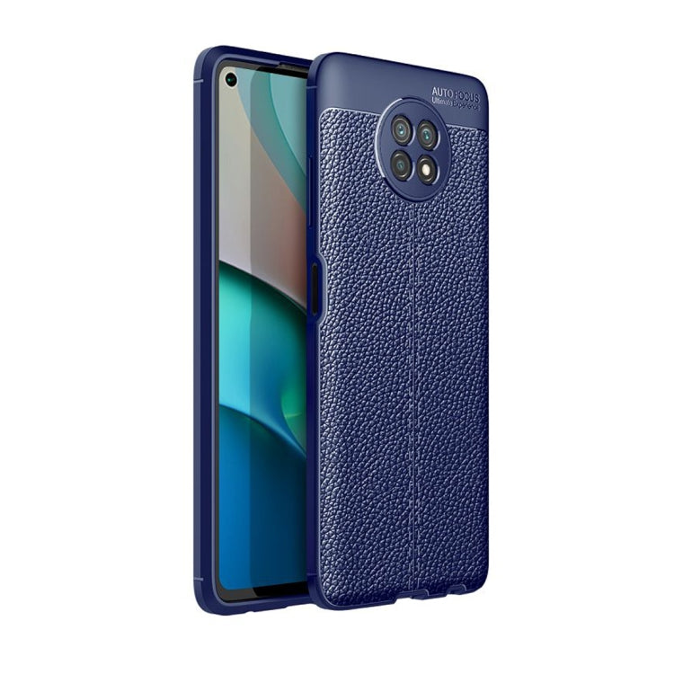 Blue litchi-texture TPU shockproof phone case, front and back views