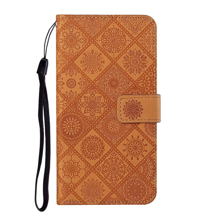 Brown embossed leather wallet flip phone case with side card holder and lanyard