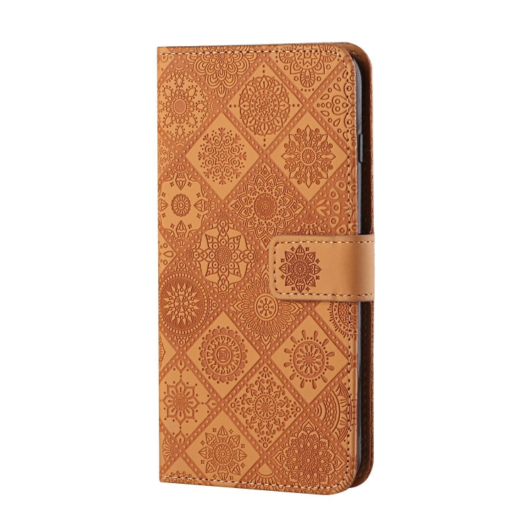 Brown embossed leather flip phone case with magnetic clasp and slim profile