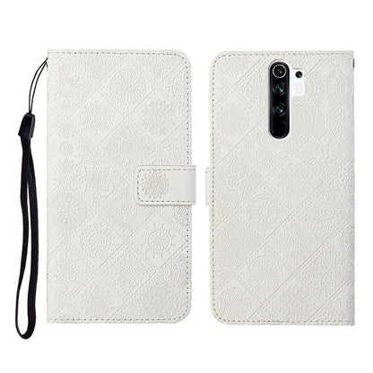 White embossed flip leather phone case with card holder and black wrist strap
