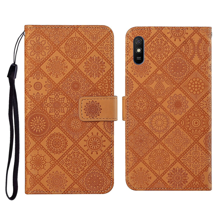 Brown embossed flip leather phone case with card holder and black wrist strap