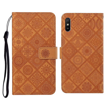Brown embossed flip leather phone case with card holder and black wrist strap
